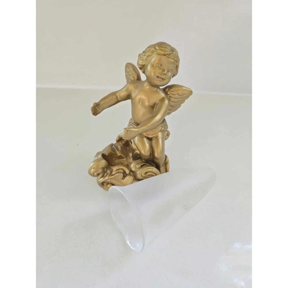 Vintage Gold Cherub Angel Bud Vase Frosted Glass Insert Figurine Decor